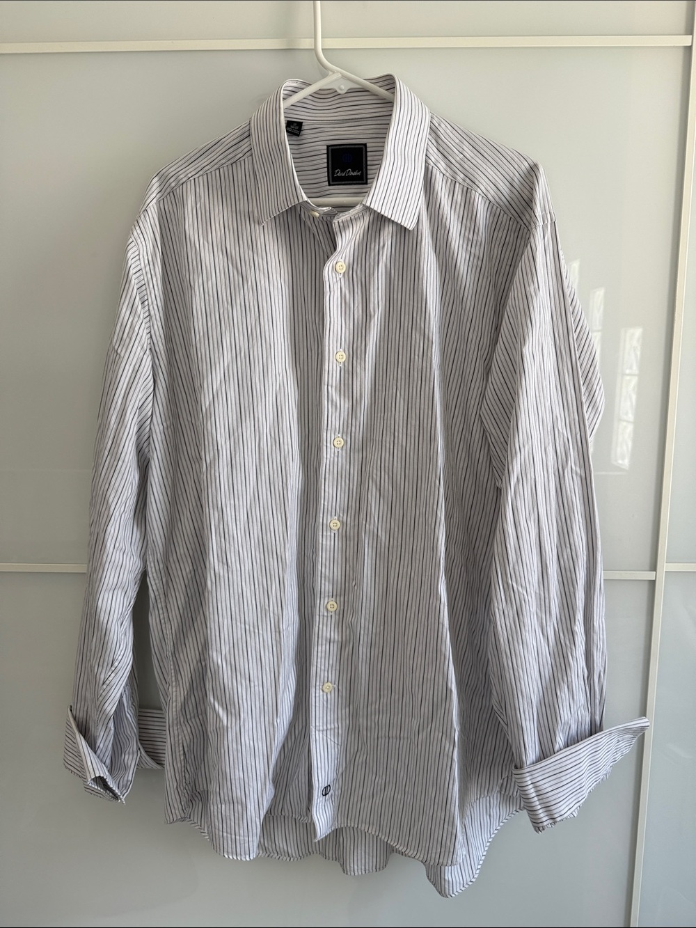 David Donahue White Dress Shirt with Thin grey Stripes